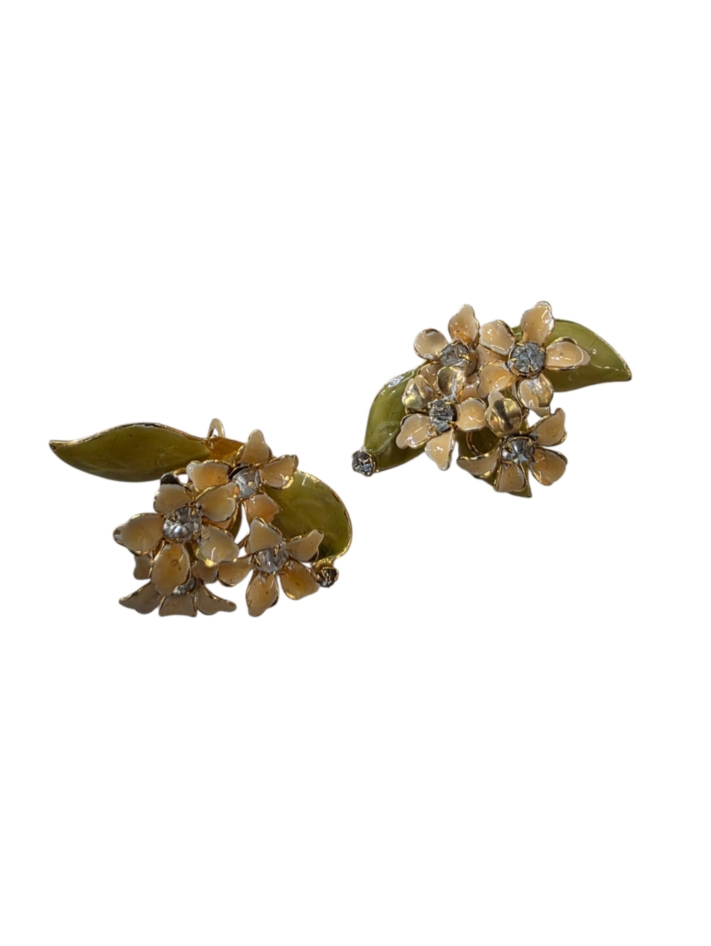 Vintage Floral gold   enamel Clip-On Earrings in Yellow and Green